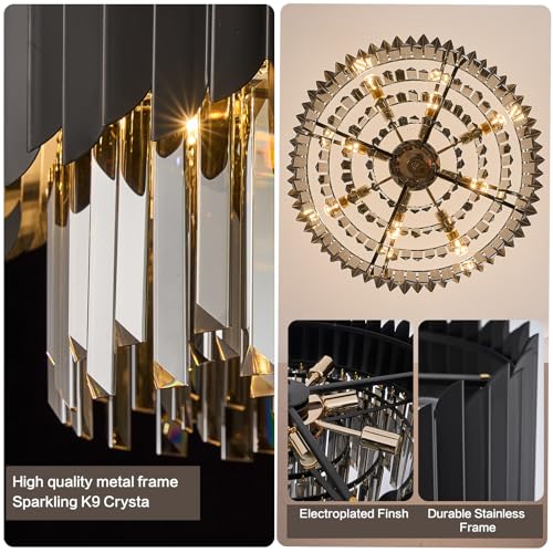 8 Light Large Crystal Chandeliers 24" Dining Room Light Fixture 5 Tiers Flush Mount Smoke Gray and Black Crystal Chandelier Round Pendant Light for Kitchen Living Room Entryway Foyer