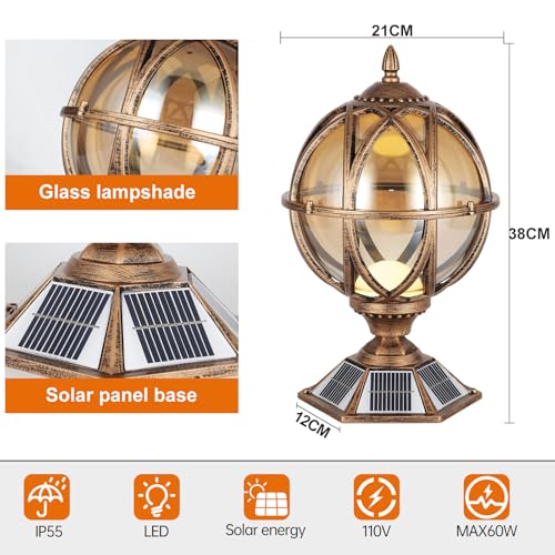 Solar Post Cap Light Victorian Globe Outdoor Waterproof Fence Pillar Lamps Solar Energy LED Exterior Column Lights Glass Ball Porch Lights Landscape Yard Street Light Deck Bollard Pedestal Light