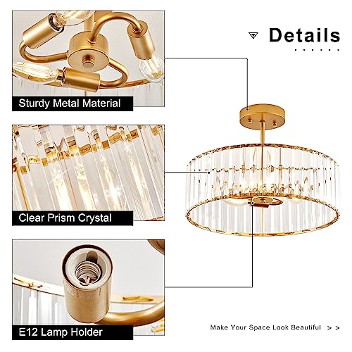 Modern Gold Semi Flush Mount Ceiling Light Crystal 3