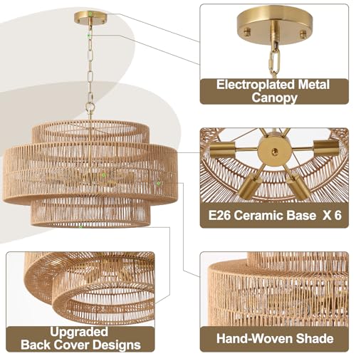 23.6"Large Boho Rattan Farmhouse Chandeliers for Dining Room