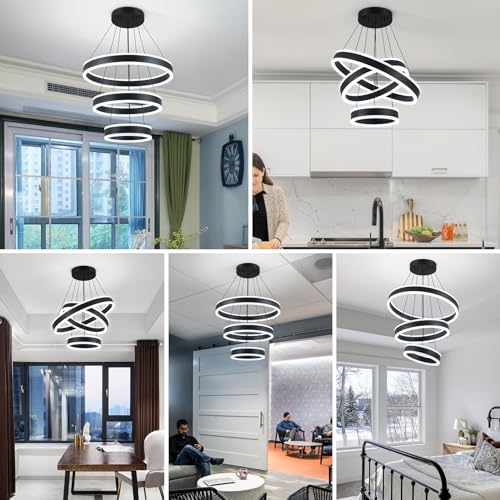 Modern LED Chandeliers Adjustable Hanging Black Pendant Light Fixture 3 Ring Flush Mount Chandeliers for Bedroom