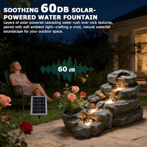 5 Tier Solar Water Fountain Outdoor Rock Waterfall Fountains