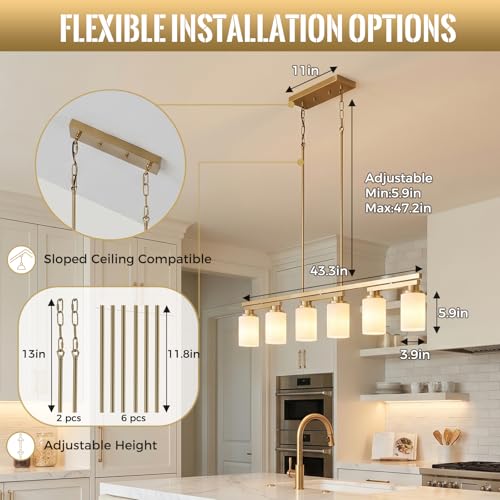 6 Light Brushed Gold Linear Chandelier