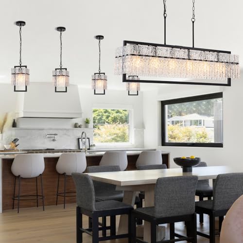 6-Light Black Linear Chandeliers for Dining Room, 42 Inch | Water Ripple Glass, Height Adjustable, E26 Base, Large Black Rectangle Kitchen Island Lighting for Living Room Over Table