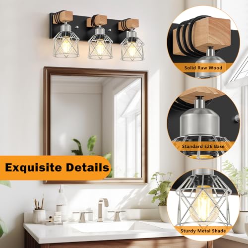 3 Light Wood Bathroom Light Fixtures Over Mirror