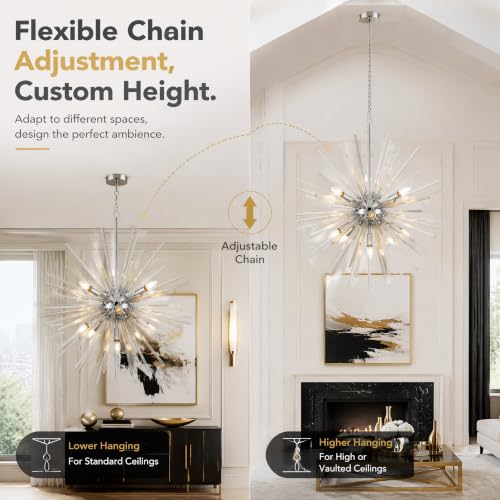 31.5" 12 Light Crystal Sputnik Chandelier Modern Adjustable Firework Globe High Ceiling Fixture for Living Room
