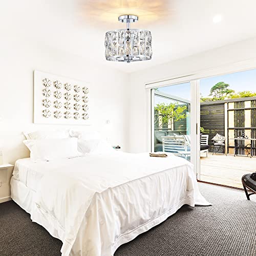 Farmhouse Crystal Round Semi Flush Mount Modern Close to Ceiling Light Fixture
