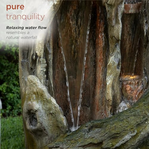 62" Rustic Outdoor Tree Trunk Waterfall Fountain with LED Lights
