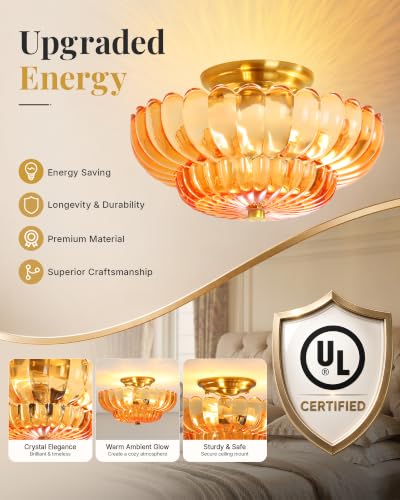 Semi Flush Mount Ceiling Light Fixture 11.8" Vinatge Gold Ceiling Lights Mid Century Modern Orange Glass Close to Ceiling Lighting Fixtures for Bedroom Hallway Foyer Bathroom Kitchen Entryway