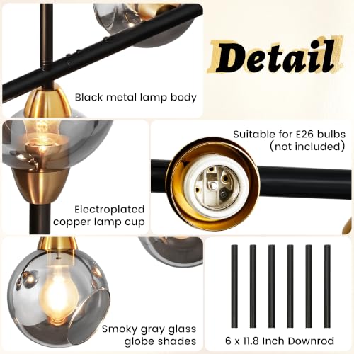 Black and Gold Linear Chandelier 5 Lights Sputnik Pendant Light 36.6 Inch
