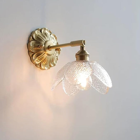Modern Brass Wall Sconce Flower-Shaped Water Pattern Glass Wall Light Fixture Adjustable Bedside Wall Lamp, Japanese Style Wabi Sabi Polished Brass Wall Sconces for Bedroom Living Room