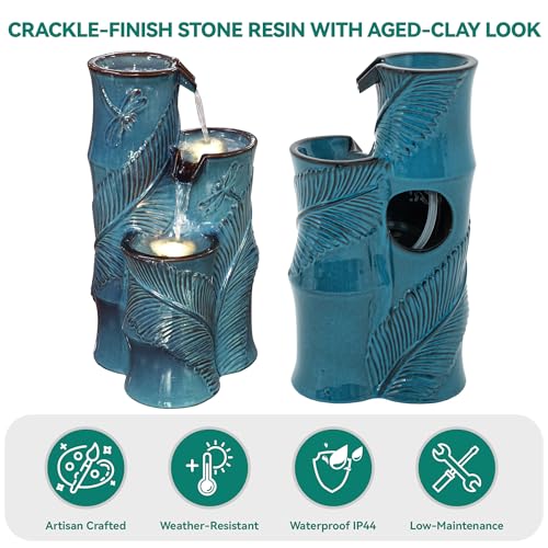 Autodaya Tropical Turquoise Ceramic Outdoor Water Fountain with Lights