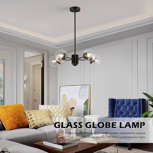 5 Light Globe Sputnik Chandelier Black Mid Century Sputnik Chandeliers Dimmable Globe Pendant Light Matte Black Finished with Clear Glass Lampshade Chandeliers for Dining Room