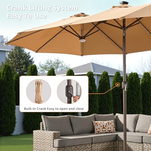 15ft Large Patio Umbrellas with Base & Solar Lights