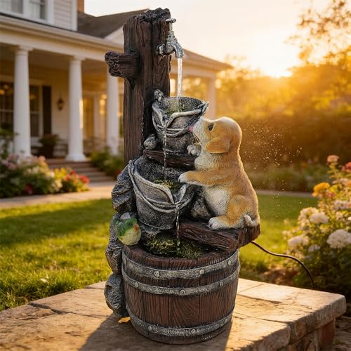 3 Tier Outdoor Fountain with Puppy & Green Bird and LED Lights