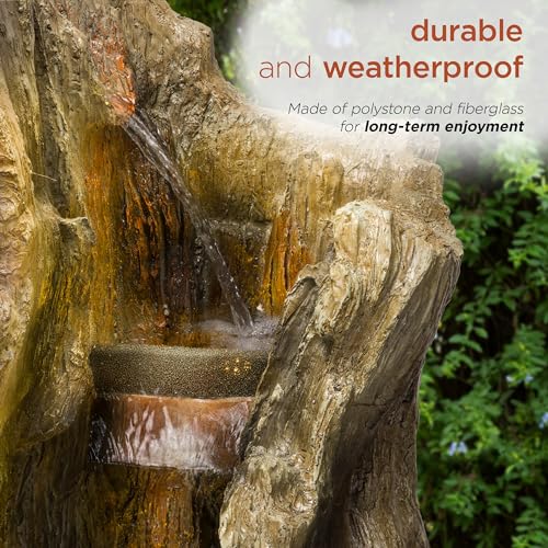 62" Rustic Outdoor Tree Trunk Waterfall Fountain with LED Lights