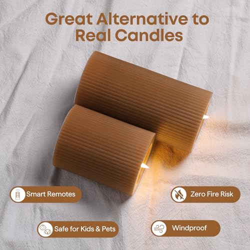 Brown Ribbed Moving Flame Flameless Pillar Candles with Remote (Warm Brown)