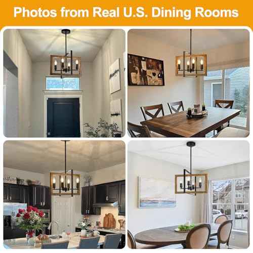 11.3"-55.3" Height Adjustable Farmhouse Real Wood Chandelier, No Assembly Required 4-Light Rustic Dining Room Light Fixture Over Table, Hanging Chandelier for Kitchen Living Room Foyer Entryway