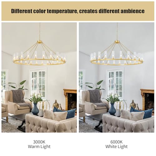 24 Light Large Wagon Wheel Chandelier with Clear Glass Shade Gold Round Pendant Light Farmhouse Industrial Chandeliers Dining Room Light Fixture for Stair Living Room Foyer Kitchen