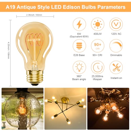 E26 Dimmable A19 Vintage 6W LED Edison Light Bulbs 60 Watt Equivalent (4 Count)