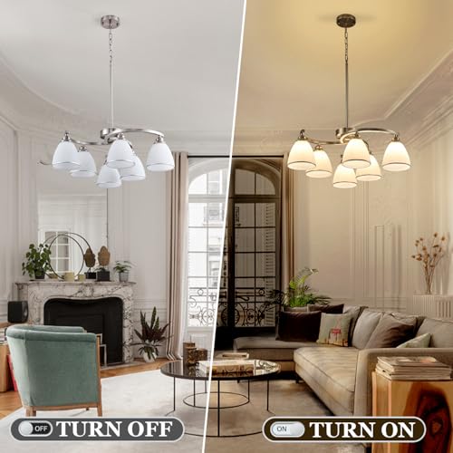 6 Light Brushed Nickel Chandelier Modern Farmhouse Dinner Room Light Fixture with Frosted Glass Lampshade (6 Count)