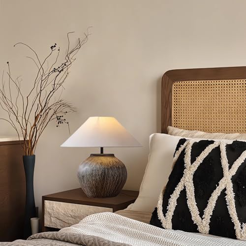 Rustic Table Lamps Brown 20.8”Tall Ceramic Lamp Southwestern Farmhouse Lattice Ceramic Lamp Body with Beige Linen Shade Nightstand Lamp for Bedroom Living Room Home Office