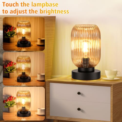 Mid Century Modern Table Lamp with Amber Ribbed Glass Shade