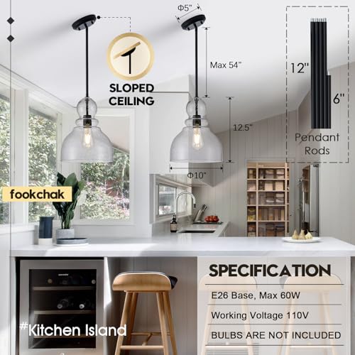 10" Seeded Glass Pendant Lights Kitchen Island Black Pendant Ceiling Light with Hand