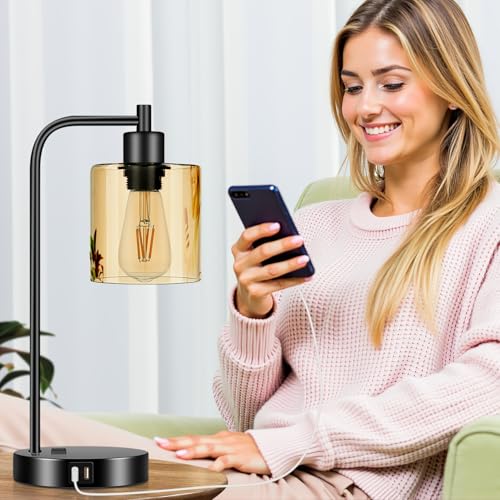 Set of 2 Industrial Touch Control Table Lamps with 2 USB Ports and AC Outlet