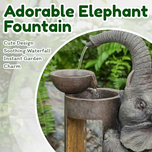 Elephant Waterfall Fountain for Indoor Desktop & Outdoor Use Small Garden Water Feature with LED Light Quiet Mini Cute Table Water Fountains for Patio