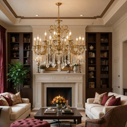 Vintage 10 Arms Crystal Chandelier Candle Light Fixture for Dining Room Living Room Bedroom Hallway Entryway Antique Gold Finish