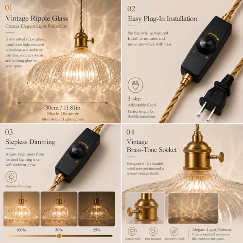Plug in Pendant Light with Water Ripple Effect Thickened High