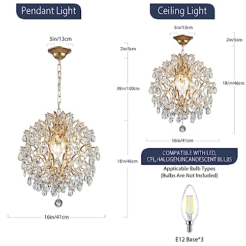 Modern Gold Pendant Chandelier Crystal Raindrop Lighting Ceiling Light Fixture Lamp for Dining Room Bathroom Bedroom Livingroom entryway 3 E12 Bulbs Required D16 in x H18 in