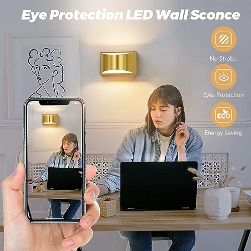 2 Pack Brushed Gold Wall Sconce Indoor Wall Lights Hardwired Up and Down Wall Mount Light for Living Room Bedroom Hallway Corridor Conservatory Warm White 3000K (2 Count)