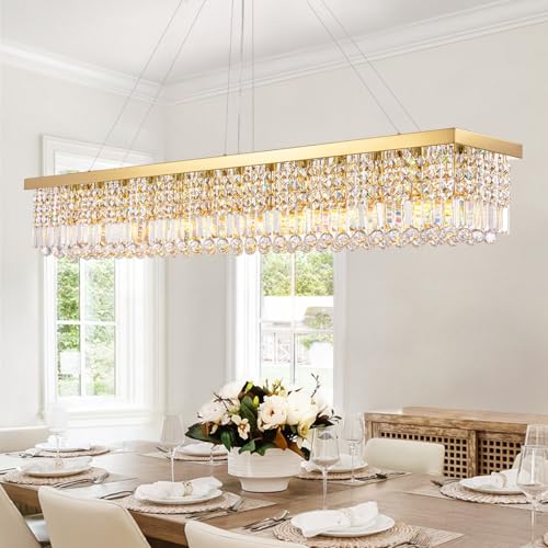 Large Rectangular Gold Crystal Chandelier for Dining Room