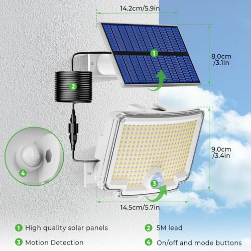 318 LED Solar Motion Lights Outdoor Waterproof with 16.4 FT Cable (2 Count)