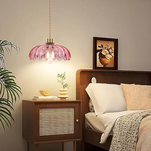 Pink Plug in Pendant Light Glass Hanging Lights with Plug in Cord Boho Hanging Lamp Gold Mid Century Modern Vintage Dimmable Flower Plug in Chandelier Ceiling Fixture for Living Room