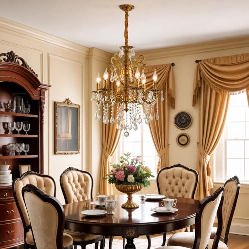 Vintage 6 Arms Crystal Chandelier Candle Light Fixture for Dining Room Living Room Bedroom Hallway Entryway Antique Gold Finish