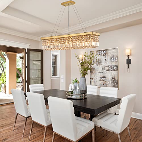 Rectangle K9 Crystal Chandelier Modern Gold Crystal Chandelier Rectangular Pendant Lighting Fixture for Dining Room Kitchen Island Bedroom L40'' x W10'' x H10''