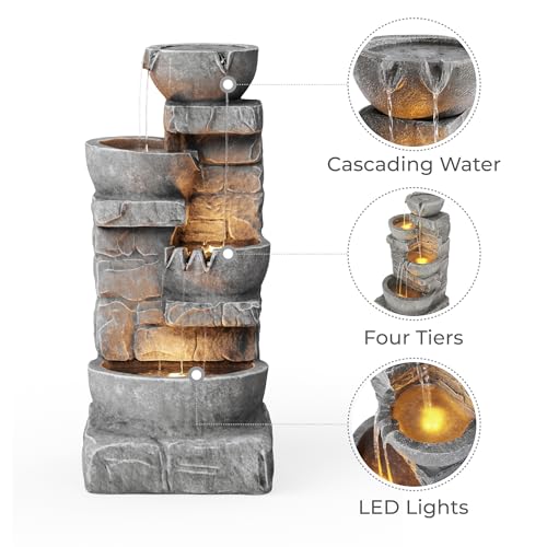 33.25 in. Cascading Bowls and Stacked Stones LED Outdoor Water Fountain for Gardens