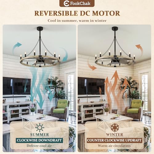 Rustic Wagon Wheel Chandelier with Fan Farmhouse Light Fixture with Fan 35"