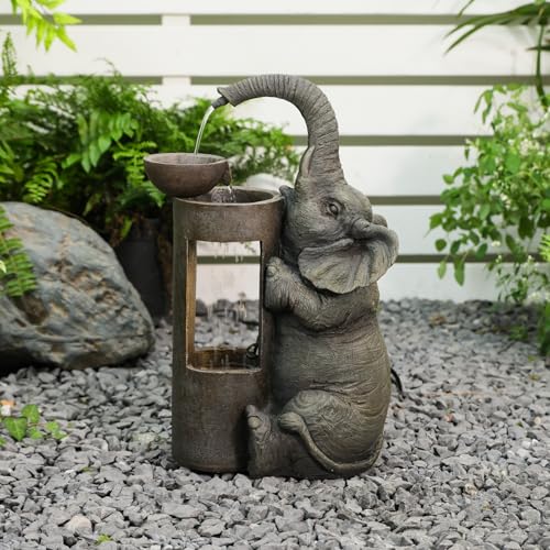 Elephant Waterfall Fountain for Indoor Desktop & Outdoor Use Small Garden Water Feature with LED Light Quiet Mini Cute Table Water Fountains for Patio