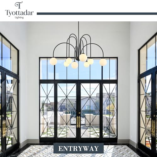 8 Light Black Sputnik Chandelier Modern Globe Chandeliers with Milk Glass Shades Large Luxury Pendant Light Fixture for Foyer Dining Room Living Room Staircase