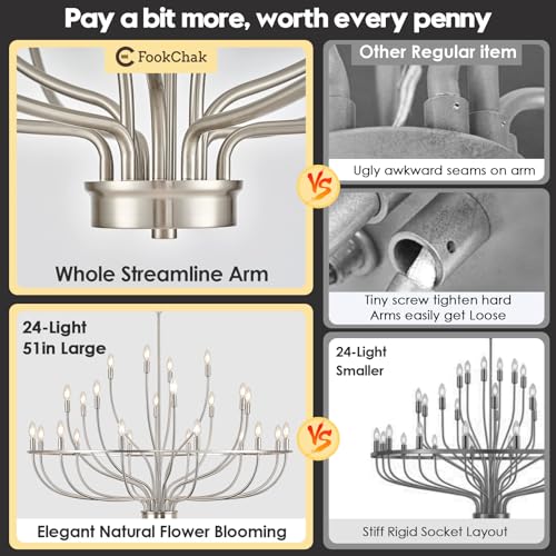 24 Light Brushed Nickel Chandelier 51'' Large Candle Chandeliers for High Ceiling Foyer Modern Classic Chandelier Light Fixture for Large Living Room Dining Room Stairs Entry Restaurant Hotel