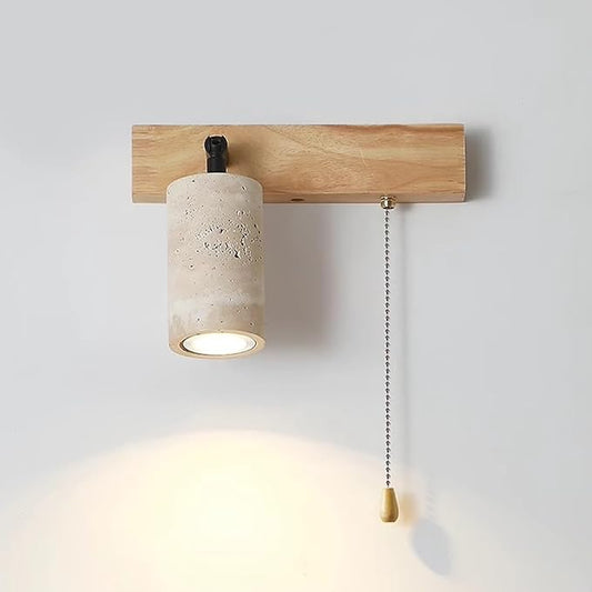 Modern Yellow Travertine Wall Lamp, Japanese Style Wabi Sabi Light Fixture with Stone Shade Pull Switch Wood Base, Adjustable Natural Marble Wall Sconce for Bedside Bedroom Study(Wood)