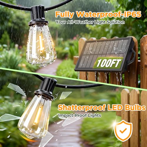 100FT Solar String Lights Outdoor Waterproof with Remote & Timer