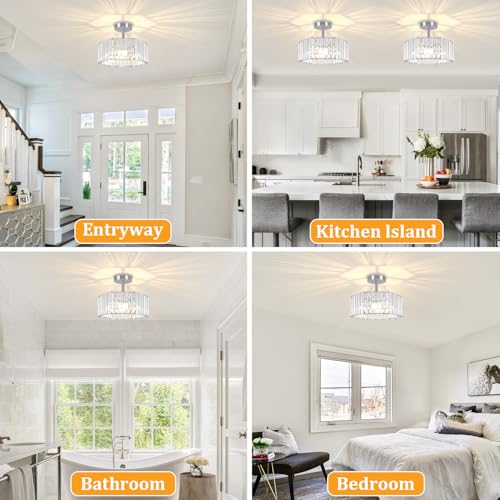Chrome Crystal Semi Flush Ceiling Light Modern Entryway Light Fixture