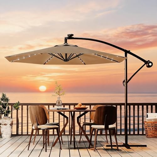 10FT Solar Lights Offset Patio Umbrella with Cross Base
