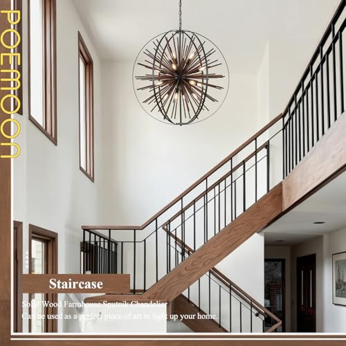 31" 16 Light Farmhouse Wood Sputnik Chandelier Black Hanging Light