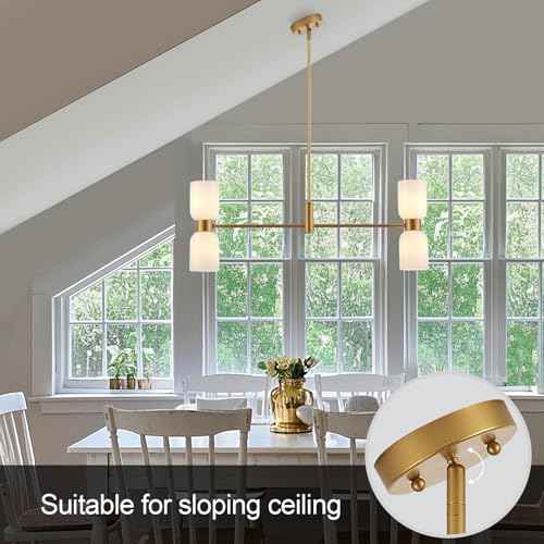 Modern Linear Chandelier for Kitchen Island, Gold Island Light Fixtures with White Glass Shade, 4-Light Linear Pendant Light Fixture for Dining Room